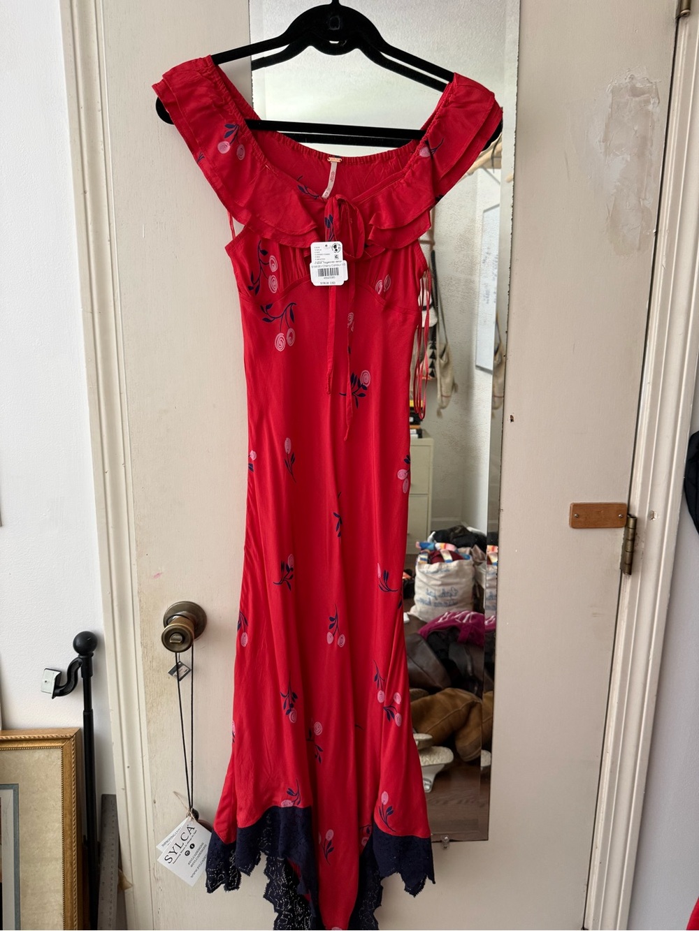 Free People Red Floral Off-Shoulder Maxi Dress with Navy Lace Trim